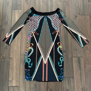 Julian Chang Colorful Scoop Neck 3/4 Sleeve Fitted Jersey Dress S